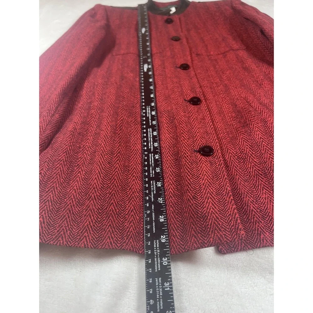 Harve Benard Coat Womens 8 Red‎ Wool Herringbone Faux Leather Trim Mid Length
